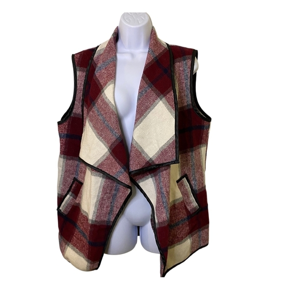 Plaid Open Front Vest - Red and White - Picture 4 of 10